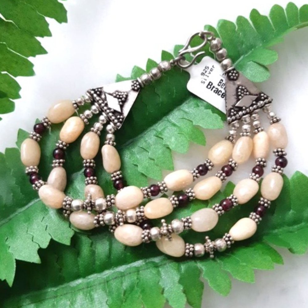 Bracelet Natural (br6) Gemstones Cream Aventurine Garnet 925 Silver 4-strand